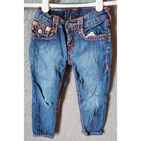 True Religion Girls Julie Super T Coral Stitching Blue Jeans Toddler Girls Sz 4 - Picture 1 of 14
